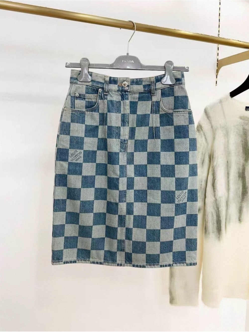 Louis Vuitton Blue Checkered Denim Midi Skirt